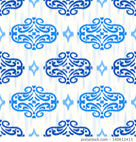 Ikat abstract seamless pattern with ethnic motifs. Abstract tribal background with blue ornament in rug texture. Retro bohemian batik wallpaper. Vector dye design illustration Ikat abstract seamless pattern with ethnic motifs. Abstract tribal background with blue ornament in rug texture. Retro bohemian batik wallpaper. Vector dye design illustration 140612413
