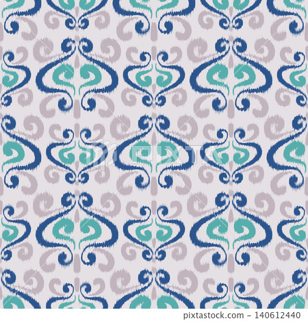 Ikat ethnic seamless pattern with abstract floral print. Rug textured traditional oriental ornament for fabric and textile. Decorative trendy dye background. 140612440