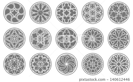 Circular gothic rosette with radial pattern. Vintage architectural element for cathedral decoration, emblem design, fantasy art and oriental ornamental projects. Vector illustration Circular gothic rosette with radial pattern. Vintage architectural element for cathedral decoration, emblem design, fantasy art and oriental ornamental projects. Vector illustration 140612446
