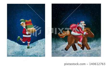 A set of hand drawn New Year's illustrations. An elf in a suit carrying gifts. Santa Claus on horseback delivers gifts to children on Christmas Eve on a winter night with stars. For cards and design. A set of hand drawn New Year's illustrations. An elf in a suit carrying gifts. Santa Claus on horseback delivers gifts to children on Christmas Eve on a winter night with stars. For cards and design. 140612763