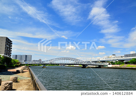 The beautifully renovated Shirahige Bridge as seen from the Sumida River Terrace The beautifully renovated Shirahige Bridge as seen from the Sumida River Terrace 140612884
