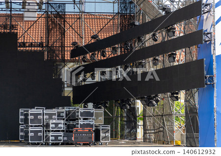Outdoor concert stage setup with large LED video screens Outdoor concert stage setup with large LED video screens 140612932
