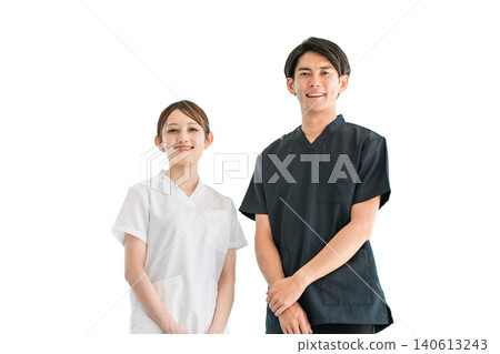 Medical workers in scrubs, medical staff, male doctors and female nurses in white coats Medical workers in scrubs, medical staff, male doctors and female nurses in white coats 140613243
