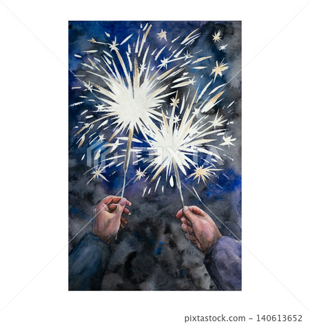 An illustration of festive sparklers. Two hands against a night sky hold sparklers for New Year, Christmas, and birthdays. Hand-drawn watercolor illustration. Suitable for cards, prints, and design. An illustration of festive sparklers. Two hands against a night sky hold sparklers for New Year, Christmas, and birthdays. Hand-drawn watercolor illustration. Suitable for cards, prints, and design. 140613652