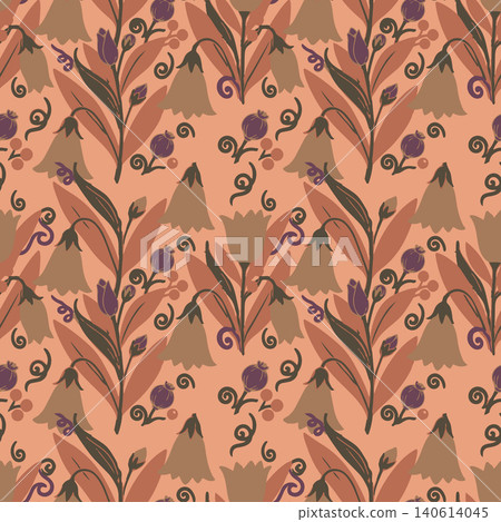 Elegant seamless pattern featuring stylized bell flowers, leaves, and whimsical vines in warm autumn tones for textiles, wallpaper, and apparel. Elegant seamless pattern featuring stylized bell flowers, leaves, and whimsical vines in warm autumn tones for textiles, wallpaper, and apparel. 140614045