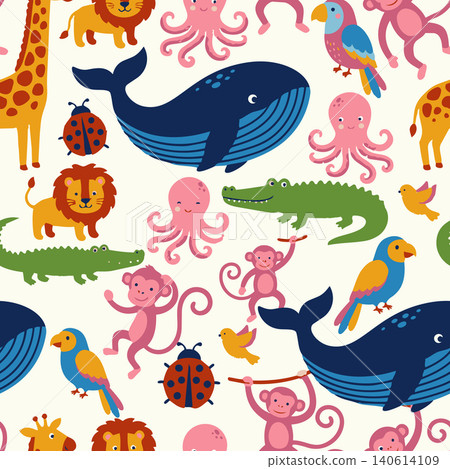 Vector seamless pattern with cute cartoon jungle and ocean animals. Bright childish background for fabric, wallpaper, textile. Vector seamless pattern with cute cartoon jungle and ocean animals. Bright childish background for fabric, wallpaper, textile. 140614109