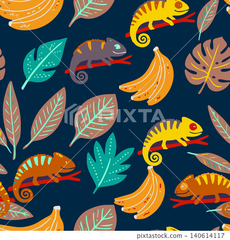 Colorful jungle repeating pattern featuring hand drawn exotic lizards on branches, monstera leaves, and banana fruit clusters for kids textile print. Colorful jungle repeating pattern featuring hand drawn exotic lizards on branches, monstera leaves, and banana fruit clusters for kids textile print. 140614117