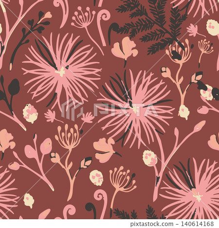 Vintage vector illustration featuring hand-drawn chrysanthemums, delicate buds, and wild ferns. Elegant repeating print for fabric and wallpaper. Vintage vector illustration featuring hand-drawn chrysanthemums, delicate buds, and wild ferns. Elegant repeating print for fabric and wallpaper. 140614168