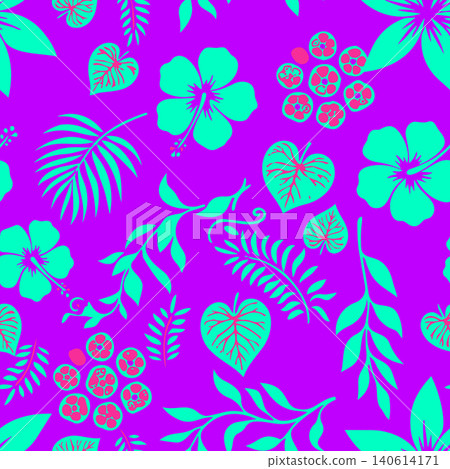 Vibrant seamless pattern with bright cyan tropical hibiscus flowers, palm fronds, and pink accents on a bold purple background. 140614171