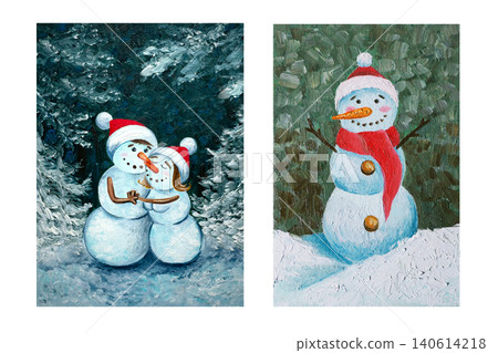 A set of hand drawn illustrations. A pair of snowmen in love embrace in a winter forest on Christmas Eve. A snowman wearing a Santa hat, scarf smiles and reaches out to hug and wish a Happy New Year. A set of hand drawn illustrations. A pair of snowmen in love embrace in a winter forest on Christmas Eve. A snowman wearing a Santa hat, scarf smiles and reaches out to hug and wish a Happy New Year. 140614218