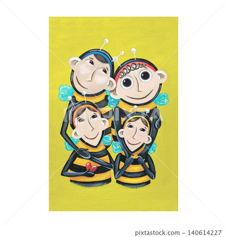 An illustration of hand-drawn humanized bees. A fairytale portrait of a bee family in flat style. The mother, father, and daughters are painted in acrylic. For design, printing, postcards, prints. An illustration of hand-drawn humanized bees. A fairytale portrait of a bee family in flat style. The mother, father, and daughters are painted in acrylic. For design, printing, postcards, prints. 140614227