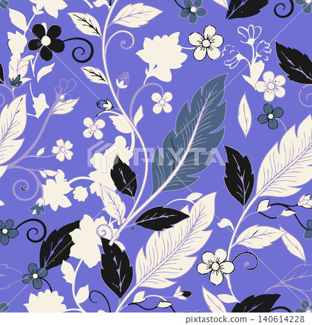 Elegant retro seamless background featuring white and black botanical leaves, feathers, and blooming wild flowers on a vibrant violet backdrop. Vector Elegant retro seamless background featuring white and black botanical leaves, feathers, and blooming wild flowers on a vibrant violet backdrop. Vector 140614228