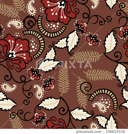 Traditional oriental seamless pattern featuring vintage red floral blossoms, decorative leaves, and paisley elements on a rich brown backdrop 140614330