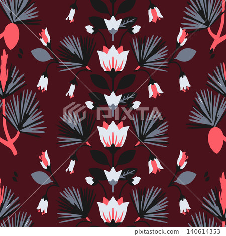 Elegant dark botanical seamless pattern featuring symmetrical white flowers, coral buds, and pine foliage on a deep maroon background for textiles. Elegant dark botanical seamless pattern featuring symmetrical white flowers, coral buds, and pine foliage on a deep maroon background for textiles. 140614353