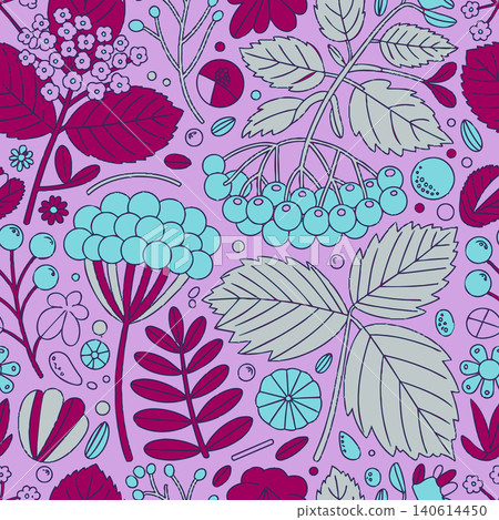 Intricate repeating floral print featuring line art of elderberries, viburnum blossoms, and leaves in blue and magenta on a lavender background. Intricate repeating floral print featuring line art of elderberries, viburnum blossoms, and leaves in blue and magenta on a lavender background. 140614450