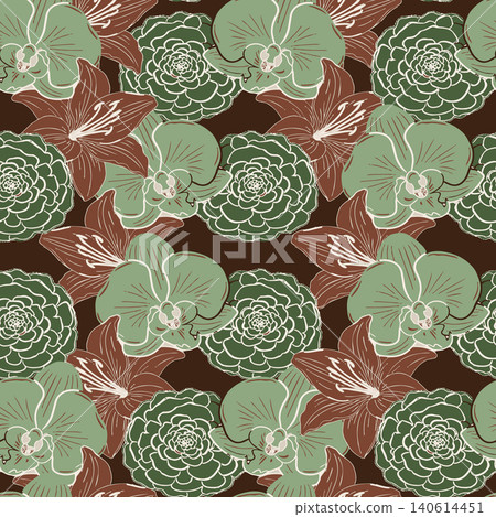 Elegant repeating floral print featuring hand-drawn sage green orchids, camellias, and earthy brown lilies on a dark chocolate backdrop. Elegant repeating floral print featuring hand-drawn sage green orchids, camellias, and earthy brown lilies on a dark chocolate backdrop. 140614451