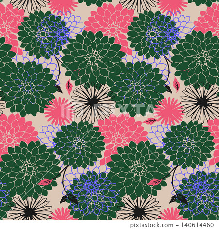 Elegant vector illustration of a floral seamless pattern featuring large blooming chrysanthemums, abstract linework daisies, and garden flora. Elegant vector illustration of a floral seamless pattern featuring large blooming chrysanthemums, abstract linework daisies, and garden flora. 140614460