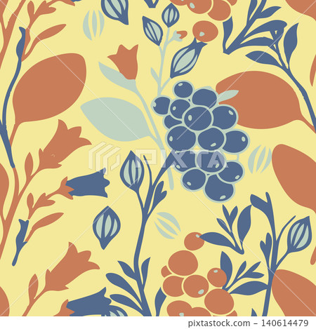 Bespoke botanical seamless pattern featuring terracotta leaves, blue grapes, and wild bellflowers on a soft yellow background. Perfect for textile. Bespoke botanical seamless pattern featuring terracotta leaves, blue grapes, and wild bellflowers on a soft yellow background. Perfect for textile. 140614479