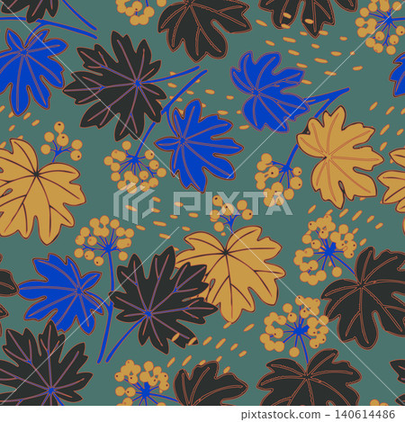 Abstract botanical seamless pattern featuring blue, yellow, and black leaves with small berries on a green backdrop. Great for textile print. Abstract botanical seamless pattern featuring blue, yellow, and black leaves with small berries on a green backdrop. Great for textile print. 140614486