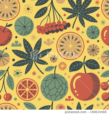 Vibrant botanical seamless vector pattern featuring stylized citrus, apples, berries, and cannabis leaves on a yellow background. Ideal for textiles. Vibrant botanical seamless vector pattern featuring stylized citrus, apples, berries, and cannabis leaves on a yellow background. Ideal for textiles. 140614488