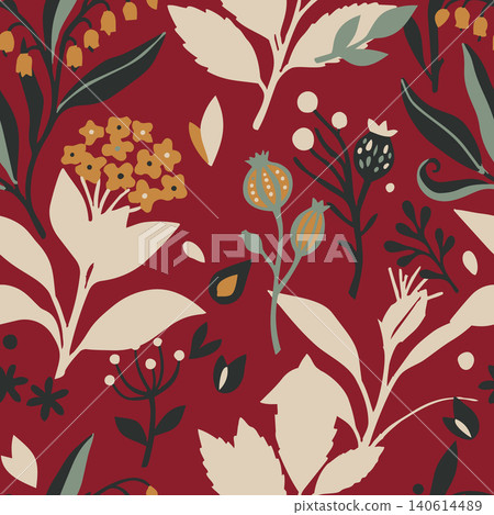 Elegant Scandinavian folk art seamless pattern featuring stylized winter berries, seed pods, and botanical blooms on a rich dark red background. 140614489