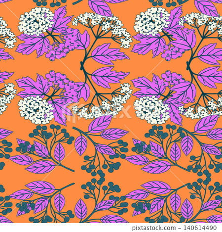 Eye-catching seamless pattern featuring stylized viburnum blossoms, purple leaves, and dark berry clusters over a bold bright orange background. Eye-catching seamless pattern featuring stylized viburnum blossoms, purple leaves, and dark berry clusters over a bold bright orange background. 140614490