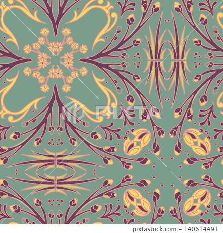 Elegant Art Nouveau seamless pattern featuring symmetrical botanical ornaments, delicate yellow flowers, and vine branches on a sage green base. Elegant Art Nouveau seamless pattern featuring symmetrical botanical ornaments, delicate yellow flowers, and vine branches on a sage green base. 140614491