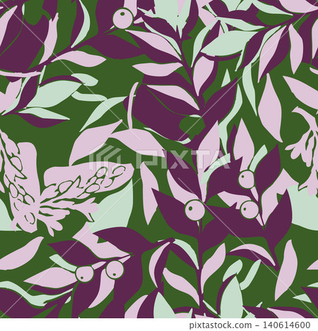 Modern slow fashion botanical seamless pattern featuring abstract olive green, plum purple, and lilac leaf silhouettes over a dark sage background. 140614600