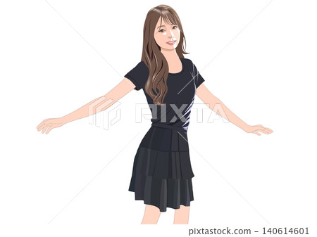 一幅插圖，描繪了一位長髮年輕女子張開雙臂站立的形象。 140614601