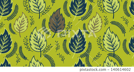 Scandinavian folk art seamless pattern with linocut leaf motifs and delicate ferns in navy blue and olive on a vibrant chartreuse backdrop. 140614602