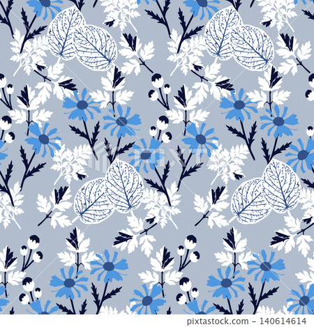 Scandic folk art seamless background featuring hand drawn blue wild flowers and white autumn leaves for luxury fashion textile, apparel, wallpaper. Scandic folk art seamless background featuring hand drawn blue wild flowers and white autumn leaves for luxury fashion textile, apparel, wallpaper. 140614614