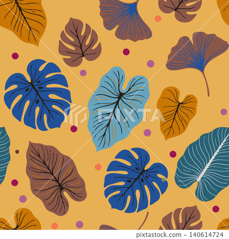 Modern botanical seamless pattern featuring colorful hand drawn monstera, ginkgo, and palm leaves over a warm mustard yellow backdrop. Vector art. 140614724