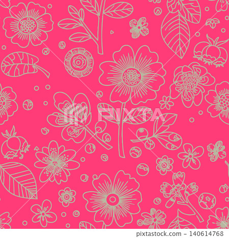 Elegant seamless floral pattern featuring hand-drawn botanical line art and blooming flowers on a vibrant pink backdrop. Ideal for textiles. 140614768