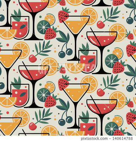Modern flat vector seamless pattern of summer cocktails, orange slices, and berries. Perfect for bar menus, party decor, textiles, and kitchenware. 140614788