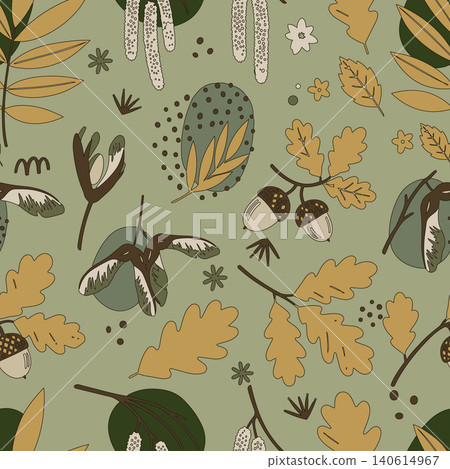 Elegant botanical background in muted earth tones featuring hand-drawn oak foliage, seeds, and acorns. Perfect for eco-conscious luxury branding. 140614967