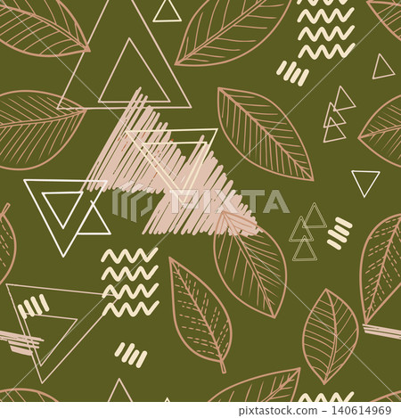 Modern botanical background in olive green and beige featuring sketched foliage, geometric triangles, and zig zags. Ideal for eco conscious textiles. Modern botanical background in olive green and beige featuring sketched foliage, geometric triangles, and zig zags. Ideal for eco conscious textiles. 140614969