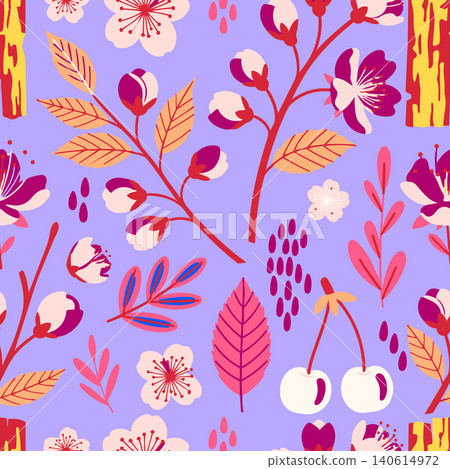 Vibrant botanical seamless pattern featuring blooming cherry blossoms, spring berries, and textured bark. Ideal for retro textiles and spring decor. Vibrant botanical seamless pattern featuring blooming cherry blossoms, spring berries, and textured bark. Ideal for retro textiles and spring decor. 140614972