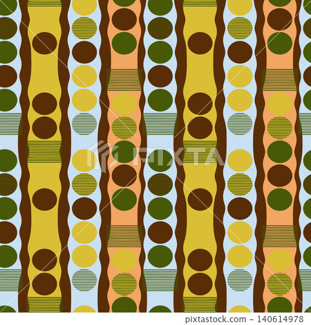 Seamless geometric vector pattern featuring abstract circles, wavy vertical stripes, and earth tones. Ideal for retro textiles, wallpaper, and decor. Seamless geometric vector pattern featuring abstract circles, wavy vertical stripes, and earth tones. Ideal for retro textiles, wallpaper, and decor. 140614978