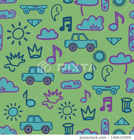 Playful hand drawn seamless pattern for boys and girls featuring transport, music, and sun doodles. Ideal for nursery textiles, apparel, and decor. Playful hand drawn seamless pattern for boys and girls featuring transport, music, and sun doodles. Ideal for nursery textiles, apparel, and decor. 140615009