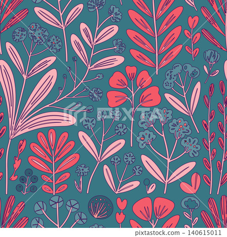 Vibrant floral seamless pattern featuring hand-drawn botanical doodles, pink leaves, and coral blossoms on a dark teal backdrop. Ideal for fabric. Vibrant floral seamless pattern featuring hand-drawn botanical doodles, pink leaves, and coral blossoms on a dark teal backdrop. Ideal for fabric. 140615011