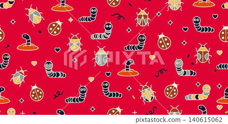 Whimsical nursery vector background with beetles, ladybirds, and worms. Adorable garden bug character pattern for textile, apparel, and baby decor. Whimsical nursery vector background with beetles, ladybirds, and worms. Adorable garden bug character pattern for textile, apparel, and baby decor. 140615062