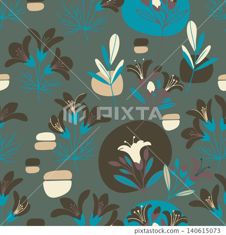 Elegant seamless pattern featuring abstract flowers and leaves in a retro teal and earthy brown palette. Ideal for home decor, textiles, and wallpaper Elegant seamless pattern featuring abstract flowers and leaves in a retro teal and earthy brown palette. Ideal for home decor, textiles, and wallpaper 140615073