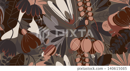 Sophisticated botanical seamless pattern with abstract flowers. Perfect for luxury home decor, autumn fashion, high-end packaging, and wallpaper. Sophisticated botanical seamless pattern with abstract flowers. Perfect for luxury home decor, autumn fashion, high-end packaging, and wallpaper. 140615085