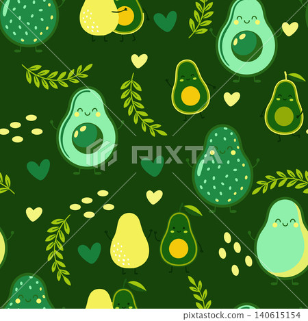 Whimsical avocado pattern with happy faces and hearts. Ideal for kitchen textiles, healthy food branding, nursery wallpaper and eco friendly packaging Whimsical avocado pattern with happy faces and hearts. Ideal for kitchen textiles, healthy food branding, nursery wallpaper and eco friendly packaging 140615154