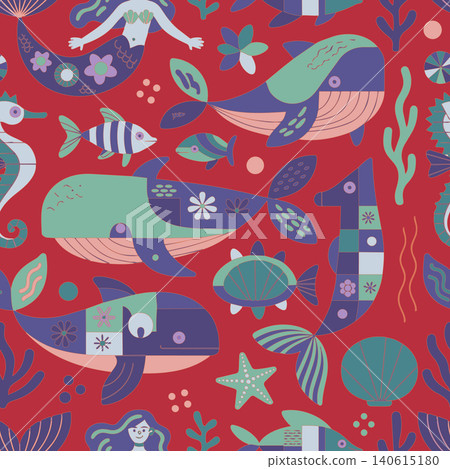 A whimsical seamless pattern featuring mermaids, whales, and sea creatures in a folk-art style. Perfect for kids' textiles, wallpaper, and stationery. A whimsical seamless pattern featuring mermaids, whales, and sea creatures in a folk-art style. Perfect for kids' textiles, wallpaper, and stationery. 140615180