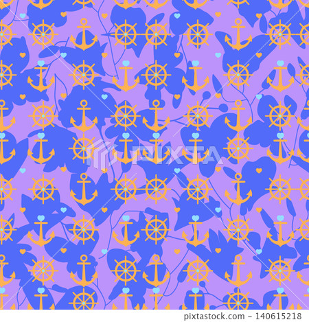 Premium nautical seamless pattern featuring anchors, helms, and hearts over blue botanicals. Ideal for summer swimwear, textiles, and coastal decor. Premium nautical seamless pattern featuring anchors, helms, and hearts over blue botanicals. Ideal for summer swimwear, textiles, and coastal decor. 140615218