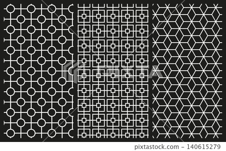 Three vertical panels showcasing white geometric seamless line patterns on a dark charcoal black background Three vertical panels showcasing white geometric seamless line patterns on a dark charcoal black background 140615279