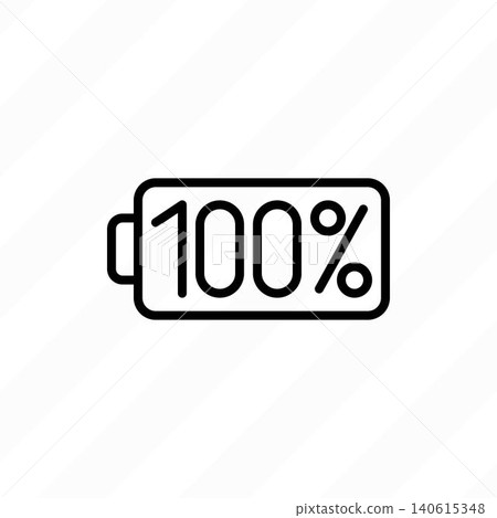Fully charged battery at 100 percent capacity. Full power status indicator, maximum energy level symbol, and completely charged accumulator thin line icon. Vector illustration. Fully charged battery at 100 percent capacity. Full power status indicator, maximum energy level symbol, and completely charged accumulator thin line icon. Vector illustration. 140615348