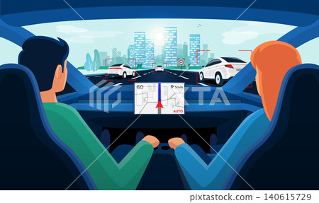 Couple inside autonomous car interior on highway traffic jam with day city skyline. Couple inside autonomous car interior on highway traffic jam with day city skyline. 140615729