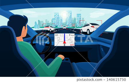 Autonomous Smart Driverless Car Self Driving. Driver with no Hands on Steering. Autonomous Smart Driverless Car Self Driving. Driver with no Hands on Steering. 140615730